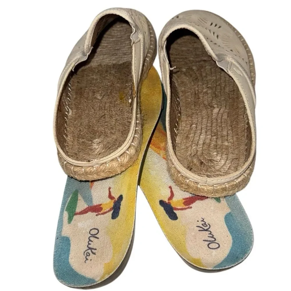 OluKai Cream Laser-Cut Leather Espadrille Mules